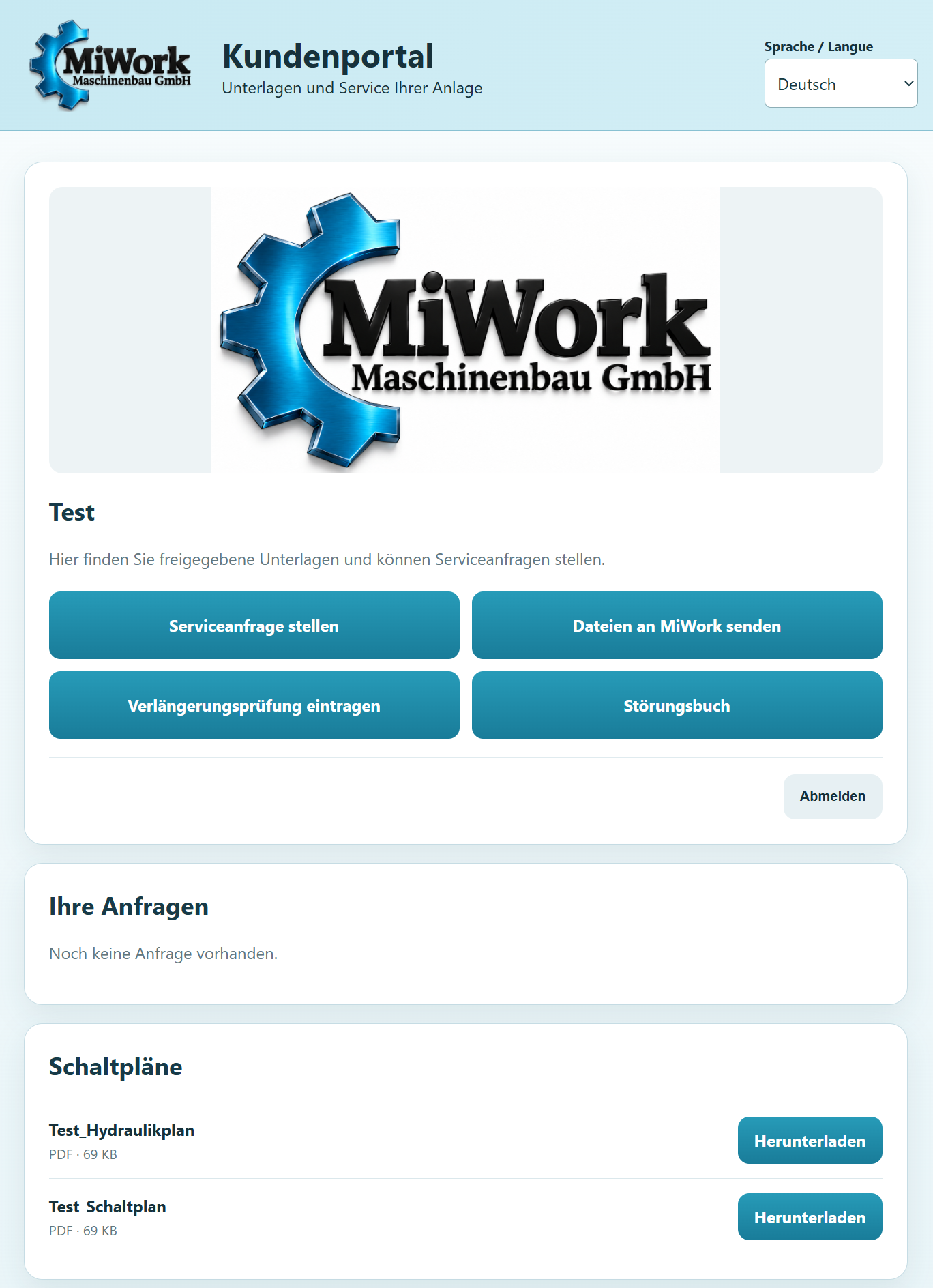 Beispielansicht des MiWork-Kundenportals mit Serviceanfrage, Dateiübermittlung, Störungsbuch und Schaltplan-Downloads